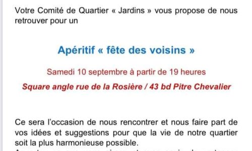 GOUVERNANCE : fête des voisins du quartier « Jardins » le 10 septembre prochain à 19:00 !